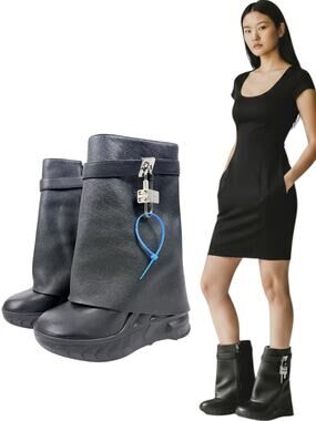 Givenchy Shark Lock Grained Calf Leather Wedge Biker Boots Black Size 39